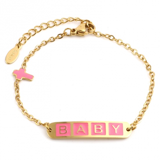 Picture of Stainless Steel Link Cable Chain Bracelets Gold Plated Pink Oval Cross Word Message " baby " Enamel 17cm(6 6/8")-16.5cm(6 4/8") long, 1 Piece