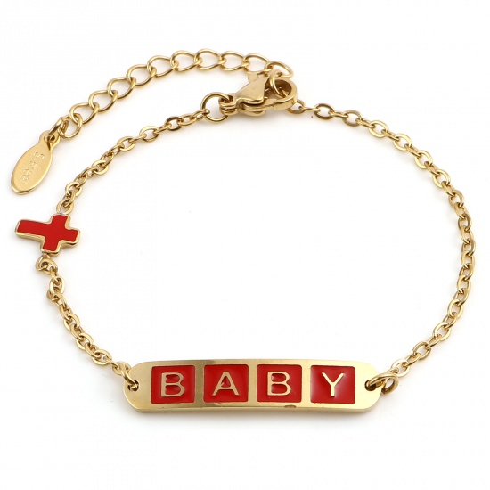 Picture of Stainless Steel Link Cable Chain Bracelets Gold Plated Red Oval Cross Word Message " baby " Enamel 17cm(6 6/8")-16.5cm(6 4/8") long, 1 Piece