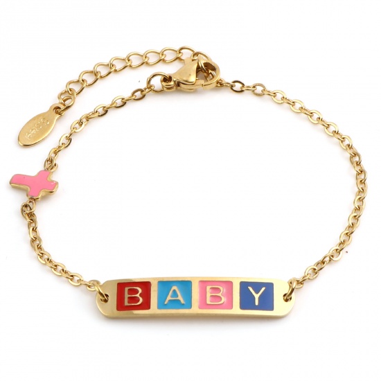 Picture of Stainless Steel Link Cable Chain Bracelets Gold Plated Multicolor Oval Cross Word Message " baby " Enamel 17cm(6 6/8")-16.5cm(6 4/8") long, 1 Piece