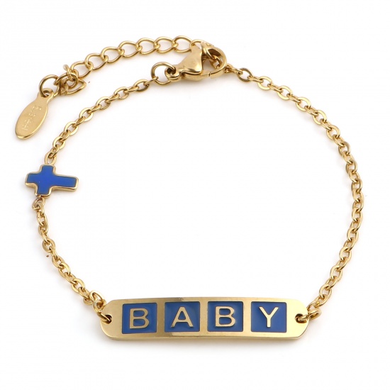 Picture of Stainless Steel Link Cable Chain Bracelets Gold Plated Dark Blue Oval Cross Word Message " baby " Enamel 17cm(6 6/8")-16.5cm(6 4/8") long, 1 Piece
