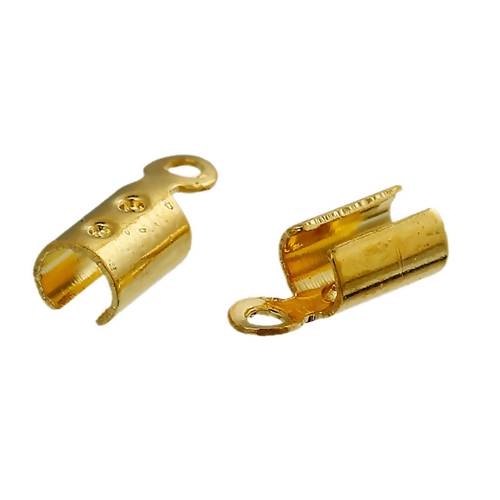 Picture of Copper Cord End Crimp Caps For Jewelry Necklace Bracelet Cylinder Gold Plated (Fits 2.3mm( 1/8") Cord) 8mm( 3/8") x 3mm( 1/8"), 200 PCs
