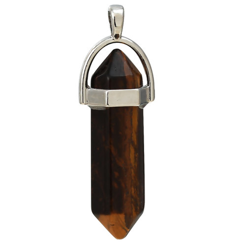 Bild von (Klasse B) Tigeraugen Halbedelstein( Natur ) Yoga Heilung Charm Anhänger Spitze Silberfarbe Braun 4.1cm x1.4cm - 3.7cm x1.3cm, 1 Stück