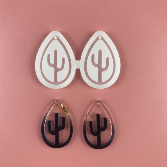 Picture of Silicone Resin Mold For Jewelry Making Earring Pendant Drop Cactus White 6.2cm x 4.2cm, 1 Piece