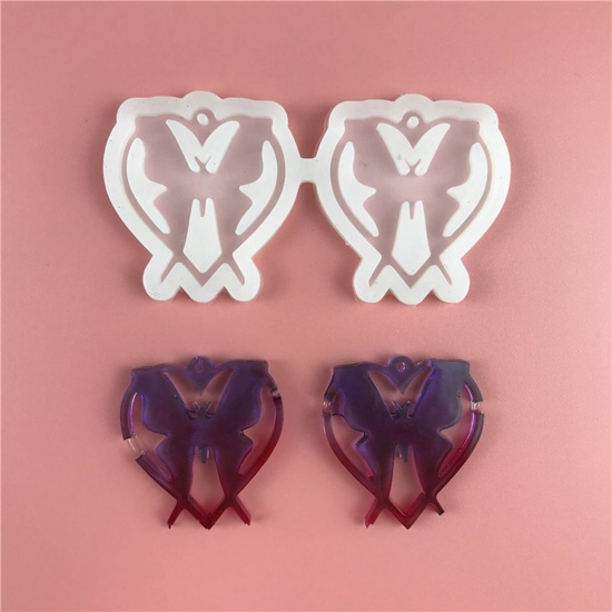 Picture of Silicone Resin Mold For Jewelry Making Earring Pendant Heart Butterfly White 8.2cm x 4.3cm, 1 Piece