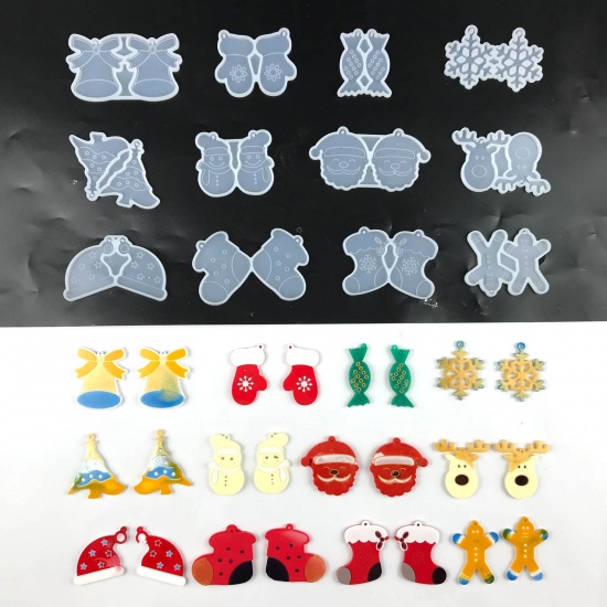 Picture of Silicone Christmas Resin Mold For Jewelry Making Earring Pendant White 9.5cm x 4.9cm - 5.2cm x 4.2cm, 1 Set ( 12 PCs/Set)