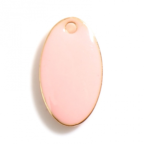 Immagine di Rame Sequins Smaltati Charms Oro Placcato Rosa Pesca Ovale 14mm x 8mm, 10 Pz