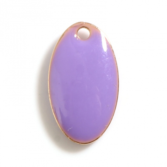 Immagine di Rame Sequins Smaltati Charms Oro Placcato Viola Chiaro Ovale 14mm x 8mm, 10 Pz