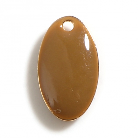 Immagine di Rame Sequins Smaltati Charms Oro Placcato Colore del Caffè Ovale 14mm x 8mm, 10 Pz