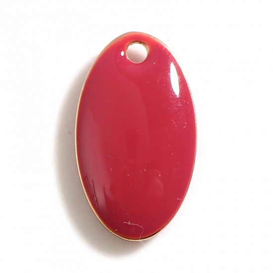 Immagine di Rame Sequins Smaltati Charms Oro Placcato Colore Fuscia Ovale 14mm x 8mm, 10 Pz