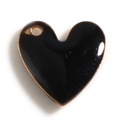 Bild von Kupfer Valentinstag Charms Herz Vergoldet Schwarz Doppelseitige emaillierte Pailletten 10mm x 10mm, 5 Stück
