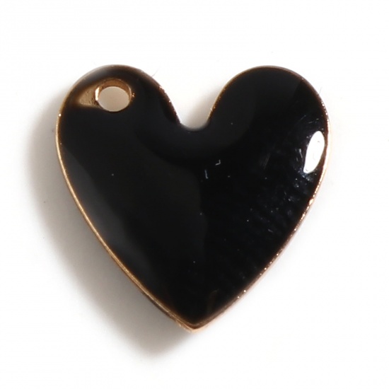 Immagine di Rame San Valentino Charms Oro Placcato Nero Cuore Paillettes Smaltate su Entrambi i lati 10mm x 10mm, 5 Pz