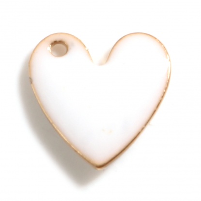 Bild von Kupfer Valentinstag Charms Herz Vergoldet Weiß Doppelseitige emaillierte Pailletten 10mm x 10mm, 5 Stück