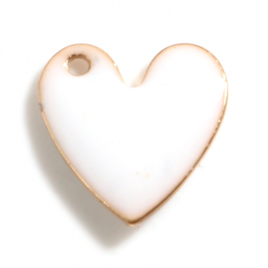 Immagine di Rame San Valentino Charms Oro Placcato Bianco Cuore Paillettes Smaltate su Entrambi i lati 10mm x 10mm, 5 Pz