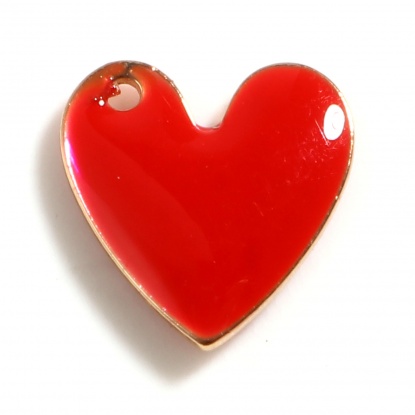 Bild von Kupfer Valentinstag Charms Herz Vergoldet Rot Doppelseitige emaillierte Pailletten 10mm x 10mm, 5 Stück