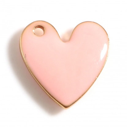 Bild von Kupfer Valentinstag Charms Herz Vergoldet Pfirsichrosa Doppelseitige emaillierte Pailletten 10mm x 10mm, 5 Stück