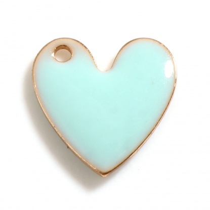 Bild von Kupfer Valentinstag Charms Herz Vergoldet Cyanblau Doppelseitige emaillierte Pailletten 10mm x 10mm, 5 Stück
