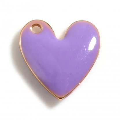 Bild von Kupfer Valentinstag Charms Herz Vergoldet Helllila Doppelseitige emaillierte Pailletten 10mm x 10mm, 5 Stück
