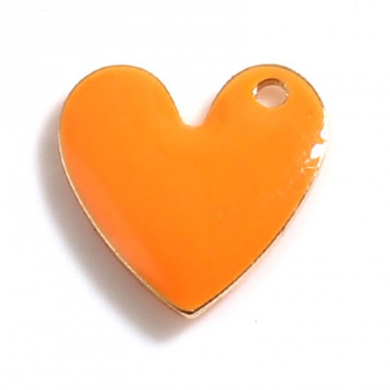 Immagine di Rame San Valentino Charms Oro Placcato Arancione Cuore Paillettes Smaltate su Entrambi i lati 10mm x 10mm, 5 Pz