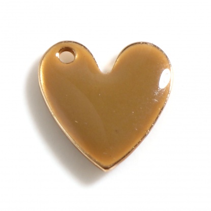 Bild von Kupfer Valentinstag Charms Herz Vergoldet Kaffeebraun Doppelseitige emaillierte Pailletten 10mm x 10mm, 5 Stück