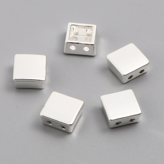 Picture of Zinc Based Alloy Spacer Beads Two Holes Square Silver Plated About 8mm x 8mm, Hole: Approx 1.3mm, 20 PCs