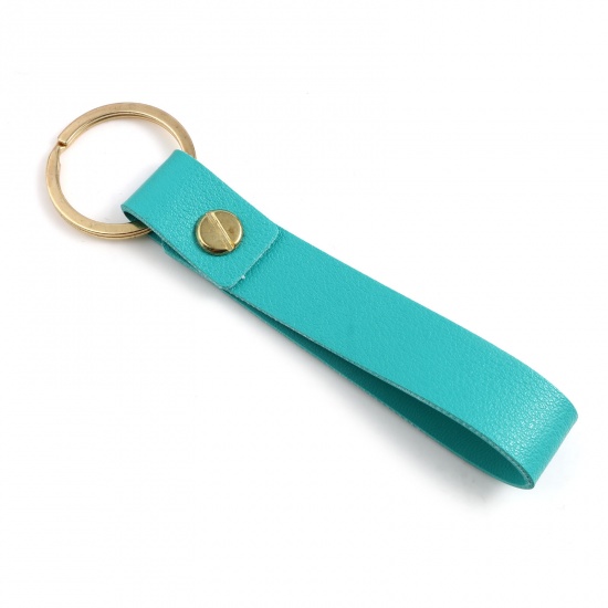 Bild von Zinlegierung & PU Schlüsselkette & Schlüsselring Vergoldet Azurblau Rechteck 11.8cm, 5 Stück