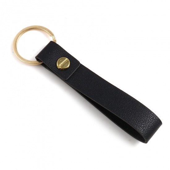 Bild von Zinlegierung & PU Schlüsselkette & Schlüsselring Vergoldet Schwarz Rechteck 11.8cm, 5 Stück