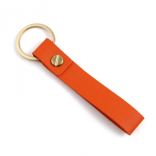 Bild von Zinlegierung & PU Schlüsselkette & Schlüsselring Vergoldet Orange Rechteck 11.8cm, 5 Stück