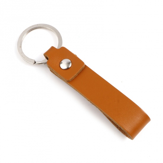 Picture of Cowhide Leather Keychain & Keyring Silver Tone Brown Rectangle 10.8cm, 2 PCs