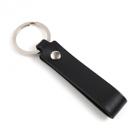 Picture of Cowhide Leather Keychain & Keyring Silver Tone Black Rectangle 10.8cm, 2 PCs