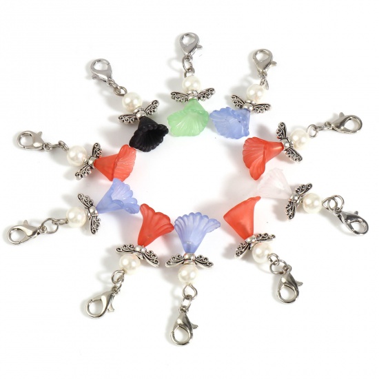 Picture of Zinc Based Alloy & Acrylic Knitting Stitch Markers Angel Antique Silver Color At Random Color Imitation Pearl 3.7cm x 2.4cm, 10 PCs