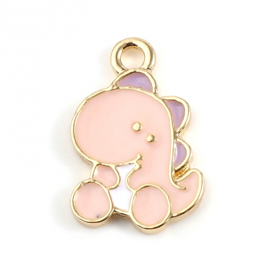 Picture of Zinc Based Alloy Charms Dinosaur Animal Gold Plated Peach Pink Enamel 17mm x 12mm, 10 PCs