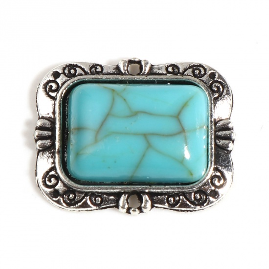 Picture of Zinc Based Alloy & Acrylic Boho Chic Bohemia Connectors Rectangle Antique Silver Color Green Blue Carved Pattern Imitation Turquoise 20mm x 16mm, 10 PCs