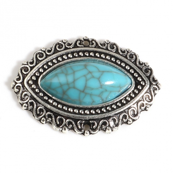 Picture of Zinc Based Alloy & Acrylic Boho Chic Bohemia Connectors Marquise Antique Silver Color Green Blue Carved Pattern Imitation Turquoise 30mm x 20mm, 10 PCs