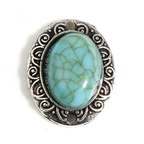 Picture of Zinc Based Alloy & Acrylic Boho Chic Bohemia Connectors Oval Antique Silver Color Green Blue Carved Pattern Imitation Turquoise 20mm x 16mm, 10 PCs