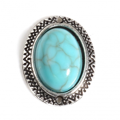 Picture of Zinc Based Alloy & Acrylic Boho Chic Bohemia Connectors Oval Antique Silver Color Green Blue Carved Pattern Imitation Turquoise 20mm x 16mm, 10 PCs