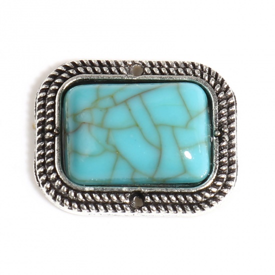 Picture of Zinc Based Alloy & Acrylic Boho Chic Bohemia Connectors Rectangle Antique Silver Color Green Blue Carved Pattern Imitation Turquoise 20mm x 16mm, 10 PCs
