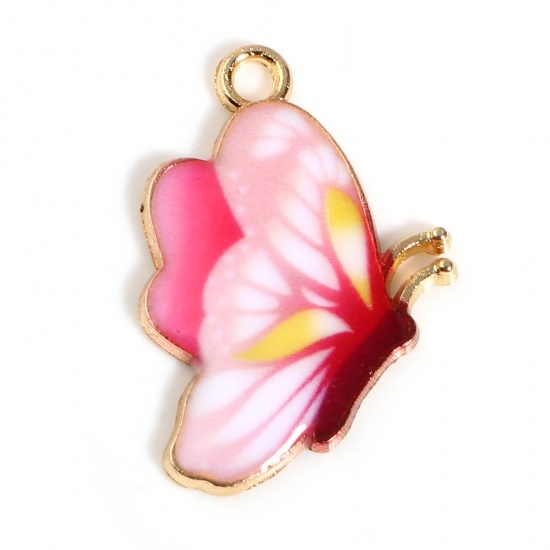 Picture of Zinc Based Alloy Insect Charms Butterfly Animal Gold Plated Pink Enamel 24mm x 17mm, 10 PCs