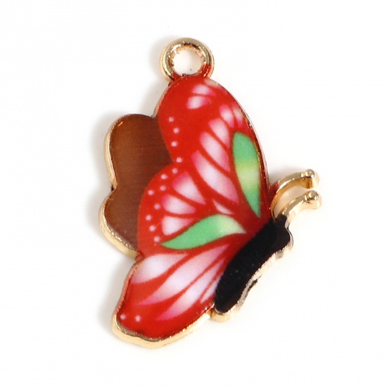 Picture of Zinc Based Alloy Insect Charms Butterfly Animal Gold Plated Red Enamel 24mm x 17mm, 10 PCs