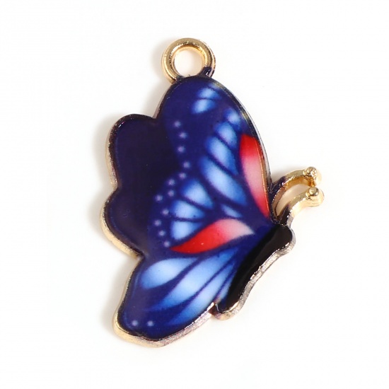 Picture of Zinc Based Alloy Insect Charms Butterfly Animal Gold Plated Dark Blue Enamel 24mm x 17mm, 10 PCs
