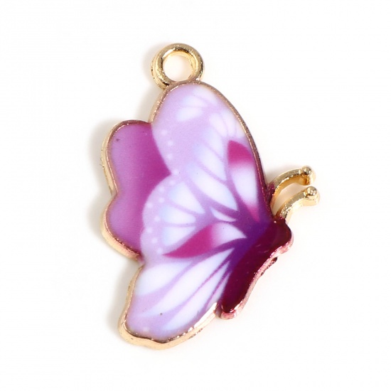 Picture of Zinc Based Alloy Insect Charms Butterfly Animal Gold Plated Purple Enamel 24mm x 17mm, 10 PCs
