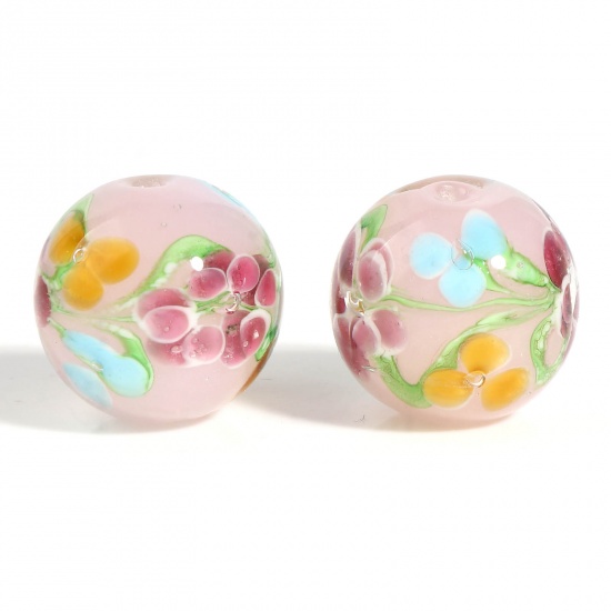 Bild von Muranoglas Perlen Rund Pink & hellpurpurn Blumen ca 20mm D., Loch:ca. 2.1mm, 1 Stück