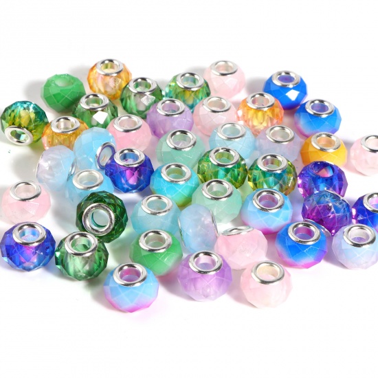 Picture of Zinc Based Alloy & Glass European Style Large Hole Charm Beads Silver Tone At Random Color Round Faceted 14mm Dia., Hole: Approx 5mm, 10 PCs