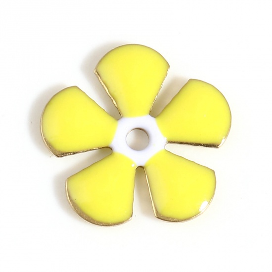 Image de Perles d'entretoise Sequins Emaillés Double Face en Cuivre Fleur Doré Citron Émail Env. 13mm x 12mm, Trou: env. 1.5mm, 5 Pcs