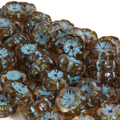 Bild von Glas Tschechische Perlen Gelb & Blau Blumen 15mm x 14mm, Loch: ca. 1.1mm, 2 Stück