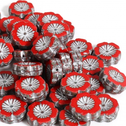 Bild von Glas Tschechische Perlen Grau & Rot Blumen 15mm x 14mm, Loch: ca. 1.1mm, 2 Stück
