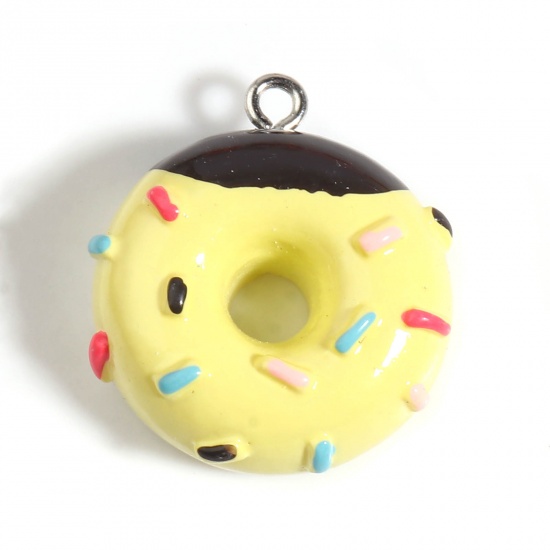 Image de Breloques en Résine Donuts Argent Mat Noir & Jaune 25mm x 22mm - 24mm x 21mm, 5 Pcs