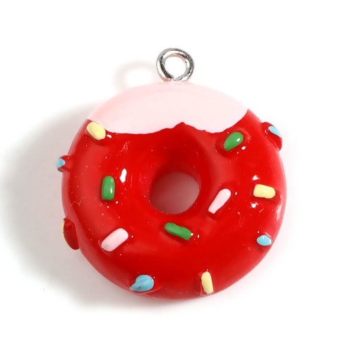 Immagine di Resina Charms Frittella Dolce Tono Argento Rosso & Rosa 25mm x 22mm - 24mm x 21mm, 5 Pz