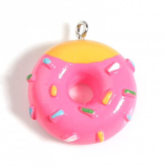 Image de Breloques en Résine Donuts Argent Mat Fushia & Orange 25mm x 22mm - 24mm x 21mm, 5 Pcs