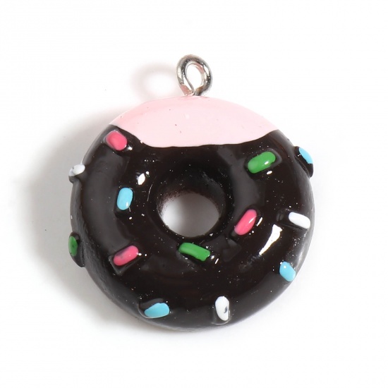 Image de Breloques en Résine Donuts Argent Mat Noir & Rose 25mm x 22mm - 24mm x 21mm, 5 Pcs