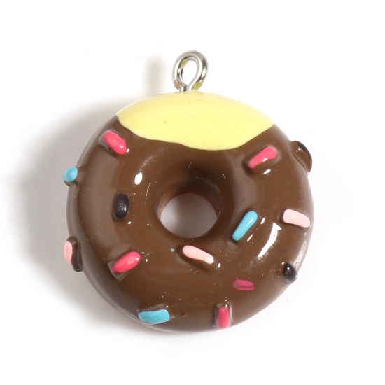 Image de Breloques en Résine Donuts Argent Mat Café Foncé 25mm x 22mm - 24mm x 21mm, 5 Pcs